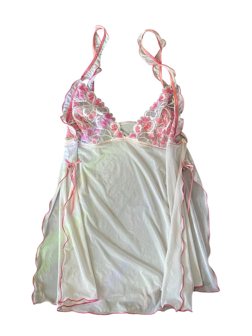Pink White Lace Trim Ribbon Bow Babydoll Chemise Dress